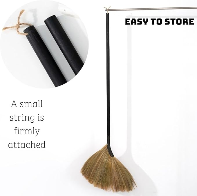 Vietnamese Straw Soft Broom - Indoor Grass Broom - Sweeping Hand with Black Long Handle Broomstick for House, Garage, Office, Lobby Room, Kitchen with 37.98 in Length