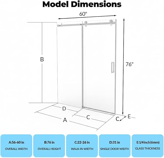 Frameless Shower Door, Adjustable 56"-60" Width x 76" Height, 6mm (1/4") Clear Tempered Safety Glass with Coating, Brushed Nickel Square Rail System, One Fixed One Sliding