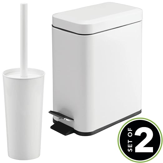 mDesign Metal Freestanding Slim Toilet Bowl Brush and Holder + Rectangle Narrow 5 Liter / 1.3 Gallon Step Pedal Trash Can Wastebasket for Bathroom - Small, Compact Design - Set of 2 - White