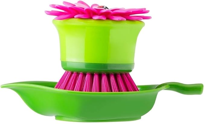 Vigar Flower Palm Dish Scrub Brush with Holder, Perfect Kitchen Brushes for Dishes, Sink Brush and Cleaning Brushes for Household Use, Pink, Green