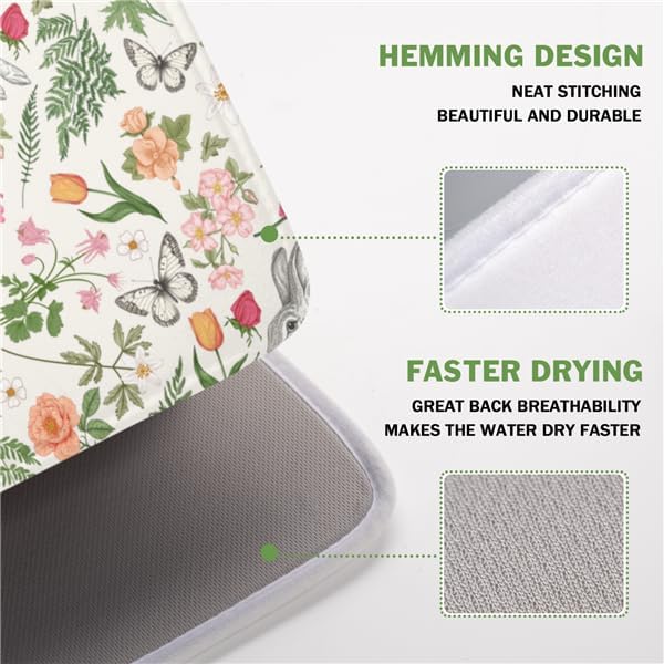 Easter Bunny Dish Drying Mat for Kitchen Counter,Colorful Flowers Sage Green Leaves Vintage Botanical Plants Drying Mat 16 x 18 Inch with Absorbent Reversible Microfiber Drying Pad for Coffee Bar