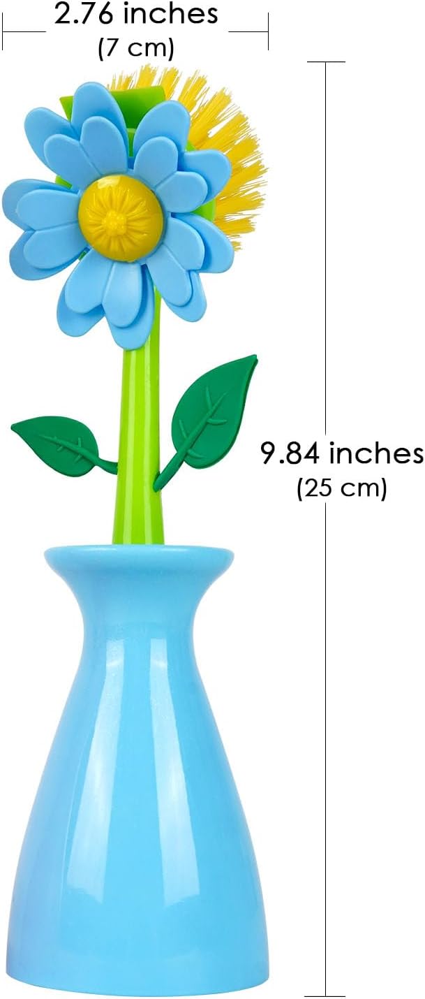 Long Handle Vegetable and Fruit Brush, Florganic Dish Brush with Vase, Long Handle Dish Brush Kitchen, for Cleaning Pot Pan Sink Kitchen Supplies Decorative Vase (2 Pcs Blue, Pink)