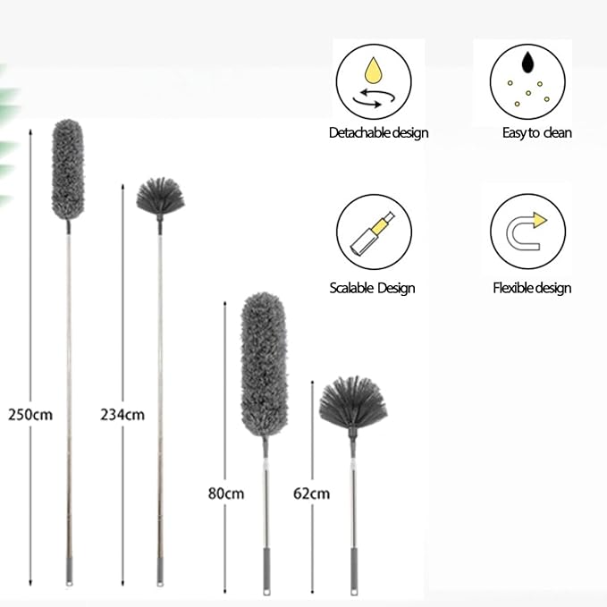 Cobweb Duster with Extension Pole, Ceiling Cobweb Cleaner Kit with 2 Duster Heads, 15-100 Inch Telescopic Microfiber Cleaning Duster, Corner Dusting Tool for High Walls, Fans, Blinds Gray