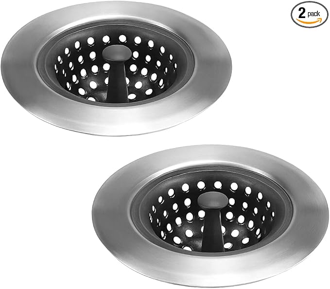 Mi hogar 2 Pack Silicone Sink Strainer for Kitchen Drain, Flexible Silicone & Stainless Steel Sink Drain Stopper, Anti-Clog Drain Catcher for Kitchen Sink, Garbage Disposal Bathroom Use (Silver Black)