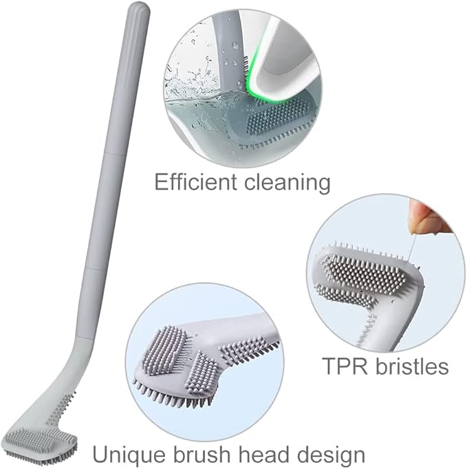 Toilet Brush, Long Handle Golf Toilet Brush with Holder 360° Deep Cleaning Flexible Silicone Toilet Cleaner Brush Wall Mounted for Bathroom (2Pcs Grey)
