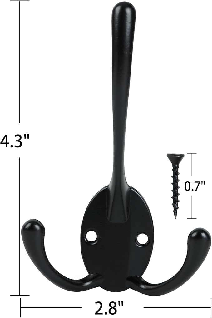 Aynoo 5 Pack Big Heavy Duty Three Prongs Coat Hooks,Wall Hooks,Wall Mounted Metal Towel Coat Rack Hanger Hardware,Black