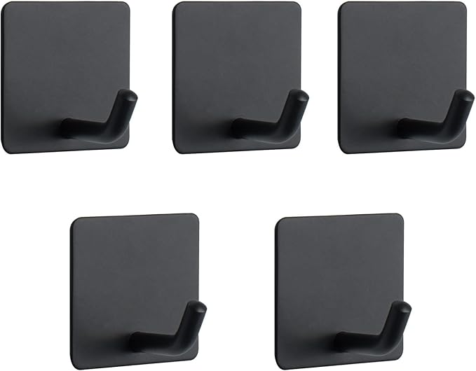 NearMoon Adhesive Hooks- Heavy Duty Bath Wall Hooks Waterproof Stainless Steel Towel Hangers Stick on Wall Clothes Holders for Bathroom Kitchen Home, 5 Pack (Matte Black)