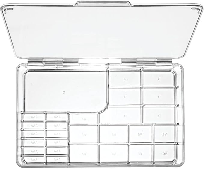 mDesign Plastic Large Stackable Divided Battery Storage Organizer Box with Hinged Lid for AA, AAA, C, D, 9 Volt Sizes, Great Storage for Kitchens, Home Offices, and Utility Rooms - Clear