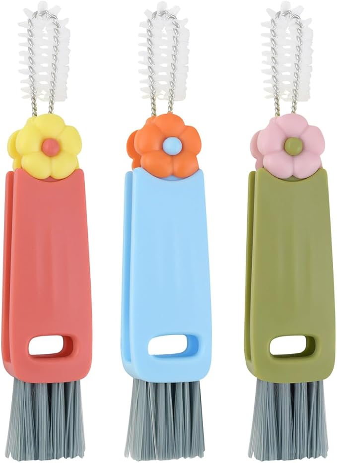 3 Pcs 3 in 1 Cup Lid Cleaning Brush Crevice Cleaning Brush for Bottle Gap 3 in 1 Cleaning Brushes for Tight Spaces Multifunctional Portable Cup Lid Cleaner Home Kitchen Cleaning Tools (Green Blue Red)