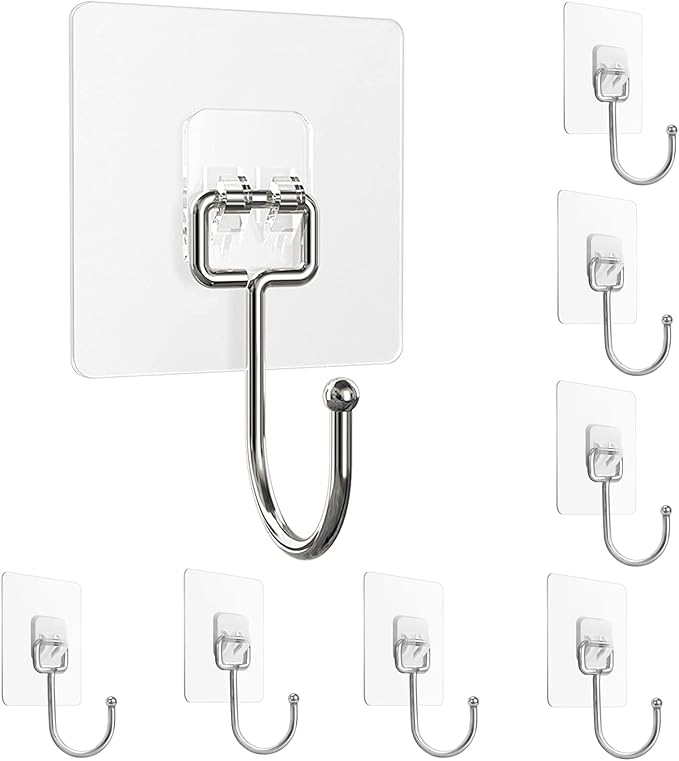 Large Adhesive Hooks 22Ib(Max),Waterproof and Rustproof Wall Hooks for Hanging Heavy Duty,Stainless Steel Towel and Coats Hooks to use Inside Kitchen Bathroom Home and Office 8 Pack (Transparent)