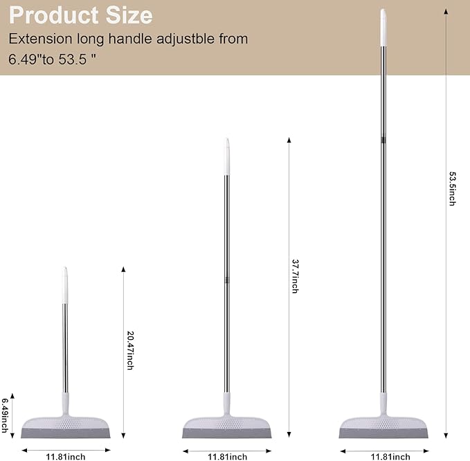 53.5-Inch White Rubber Broom Squeegee with 180 Rotating Head, Long Handle Multifunction Scraping Silicone Broom Floor Sweeper, Pet Hair Remover, Window, Mirrors, Tile Cleaning