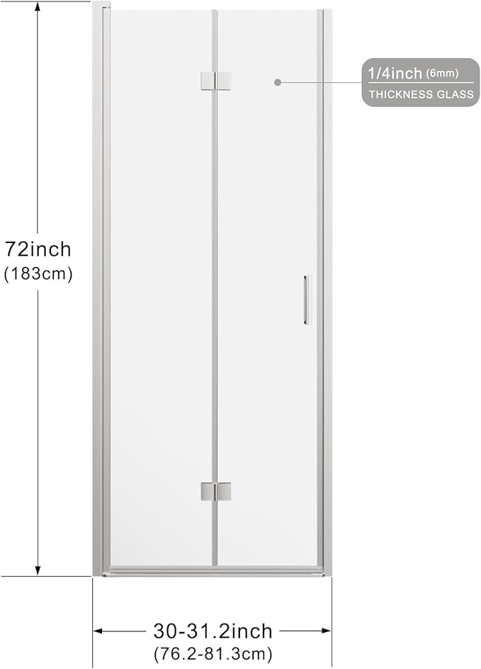 Frameless Bi-Fold Shower Door 30" W x 72" H, 1/4" Clear Tempered Glass, Folding Swing Design, Reversible Installation, Chrome Finish, Space-Saving Glass Shower Door for Small Bathrooms