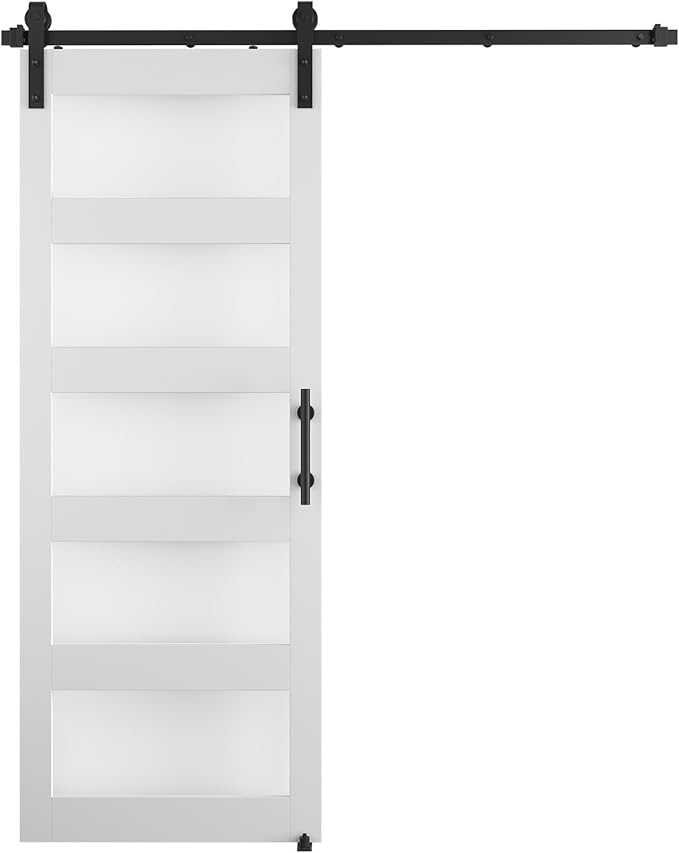 34'' x 84'' Glass Barn Door and 6 Ft Hardware Kit Included, MDF White Barn Door Slab with Frosted Glass, PVC Surface, Combined with Handle and Floor Guide-Assembly Required, White