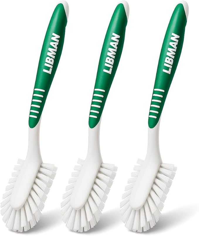 LIBMAN Kitchen Scrub Brush with Long Handle - 3 Pk Kitchen Brush for Dishes - Dish Scrubber Cleaning Brushes for Sinks, Bottles, Pots, Pans, Vegetables - All Purpose