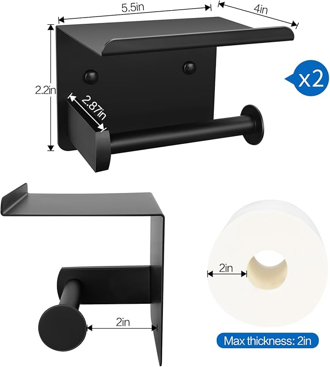 2pcs Matte Black Toilet Paper Holder with Shelf, Screw or Self Adhesive Toilet Paper Holder Wall Mount,