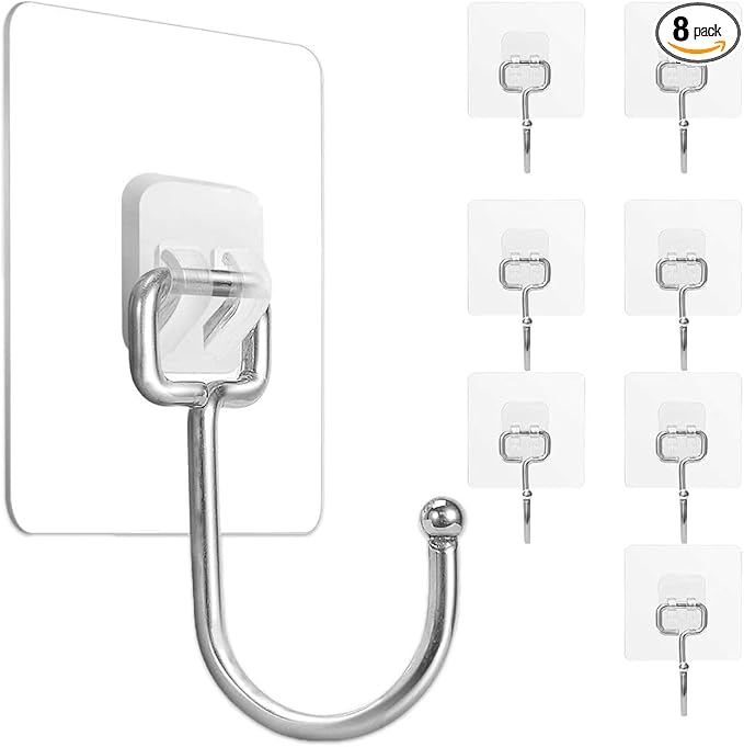 Large Adhesive Hooks 22Ib(Max),Waterproof and Rustproof Wall Hooks for Hanging Heavy Duty,Stainless Steel Towel and Coats Hooks to use Inside Kitchen Bathroom Home and Office 8 Pack (Transparent)