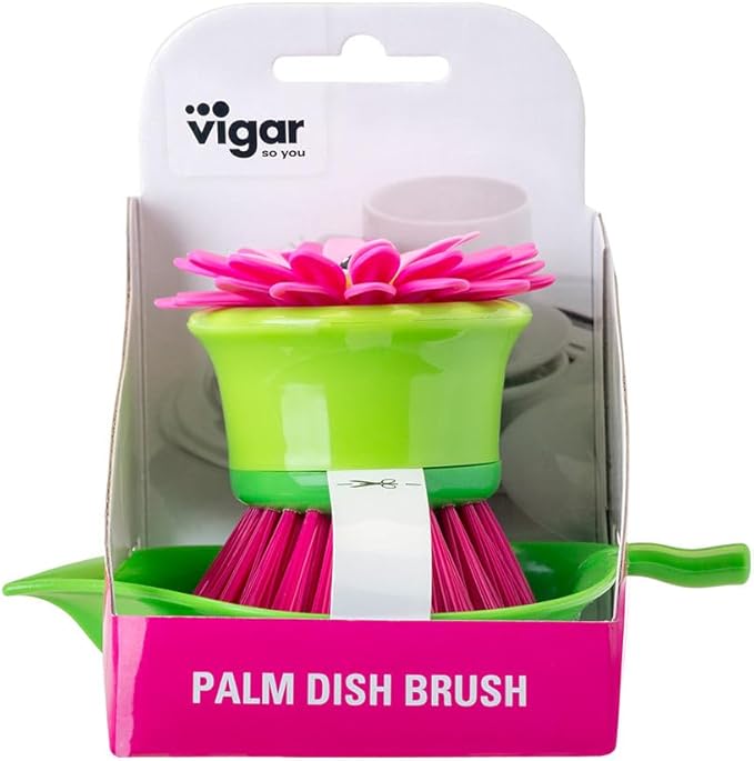 Vigar Flower Palm Dish Scrub Brush with Holder, Perfect Kitchen Brushes for Dishes, Sink Brush and Cleaning Brushes for Household Use, Pink, Green