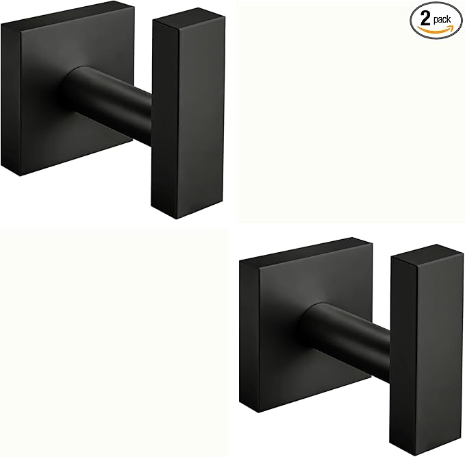 Towel Hooks for Bathrooms, Matte Black Towel Hook for Kitchen Bathroom, SUS304 Stainless Steel Coat Hook, Square Heavy Duty Holder Robe Hooks for Hanging Towels, Coats, sponges, Wall Mount, 2 Pack
