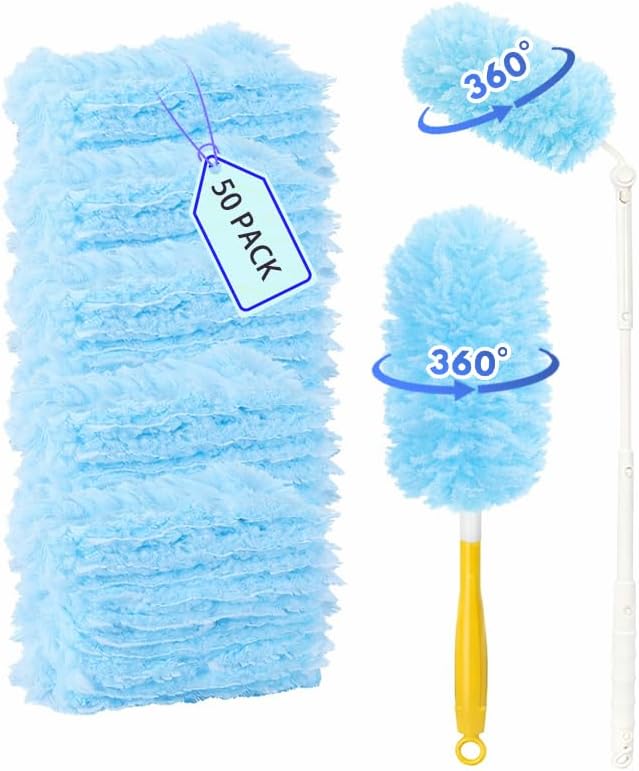 50 Count Duster Refills 360° Heavy Duty Duster Refills Compatible with Swiffer Duster, Multisurface Heavy Duty Duster Replacements with 1 Short Handle and 1 Extenda Handle