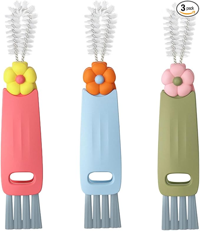 3 in 1 Cup Lid Cleaning Brush Set for Bottle Gap Tight Spaces Cup - Multifunctional Cleaning Brush Portable Crevice Cleaning Tools - Cup Mouth Scrubber Cup Lid Cleaner with Flower Design (3PCS)