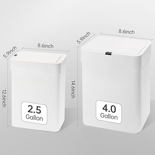 2 Pack Bathroom Trash Can with Lid - 2.5 Gal and 4 Gal Motion Sensor Garbage Bin, Smart Rubbish Bin, Waterproof Slim Dustbin, Automatic Plastic Trash Can for Bathroom, Office, White