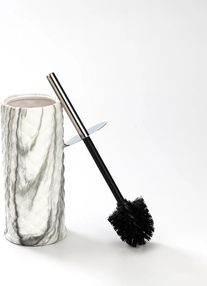 J&V TEXTILES Ceramic Toilet Brush, Toilet Bowl Brush with Extra Long Handle Durable Bristles Toilet Scrubber and Covered Holder for Toilet Brush Set for Bathroom Cleaning (Chrome/Marble)