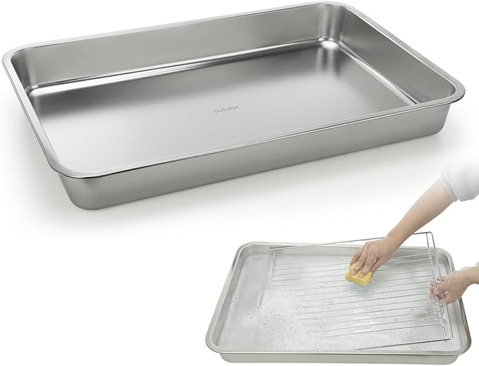 LANMU Stainless Steel Oven Rack Cleaning Tray, Large Capacity Soaking Tray for Grill Grates, BBQ Rack, Reusable & Leak-proof Oven Shelf Cleaning Tool