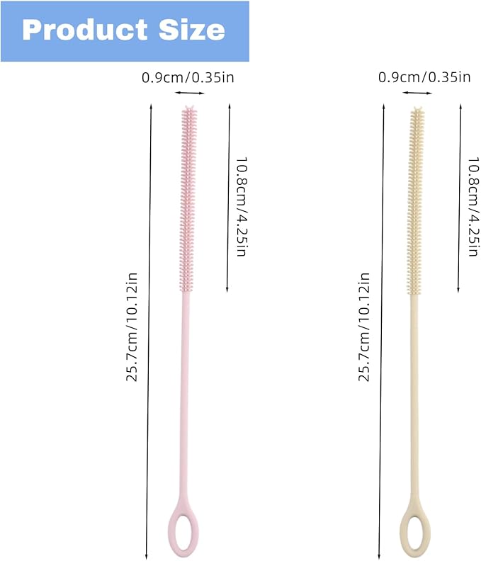 4Pcs Reusable Silicone Straw Cleaner Brush Extra Long, Soft Bendable, Non-Slip Handle for Glass Metal Smoothie Straws (Pink&Beige)