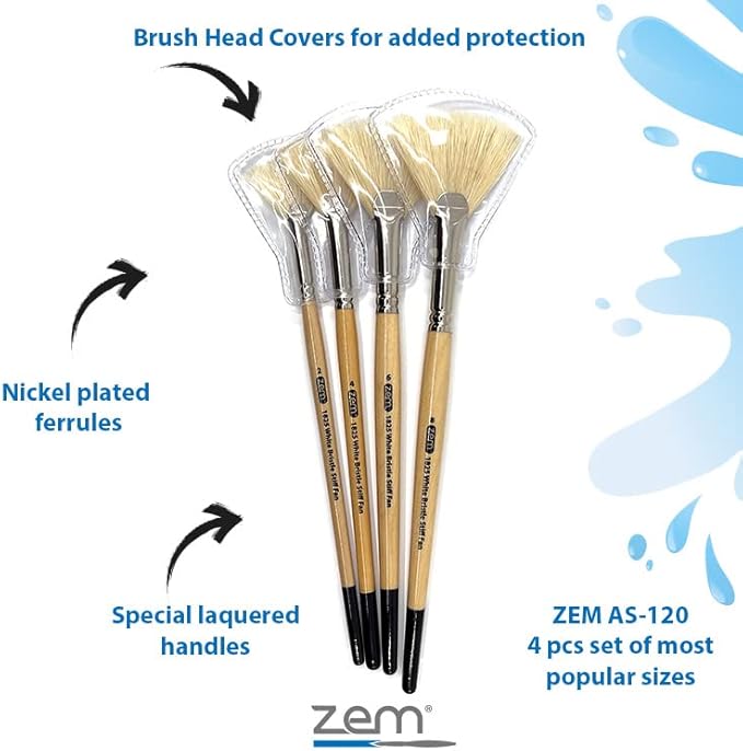 ZEM Brush White Hog Bristle Stiff Fan Brush Set Size 2,4,6,8