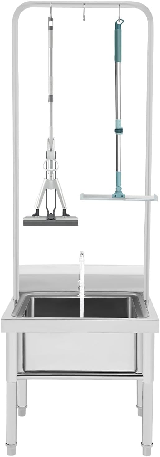 Stainless Steel Floor Mop Sink, Freestanding Mop Sink with Faucet and Cleaning Tool Rack, Commercial Floor Sinks Utility Mop Basin for Laundry, Kitchen, Garage, Restaurant 23.6 × 23.6 × 69inch