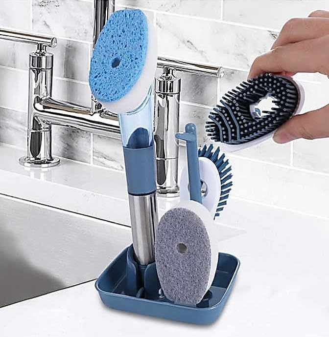 Soap-Dispensing Dish Washing Brush Set – Includes 4 Replaceable Heads & Stylish Storage Stand – Effortless Scrubbing for Dishes, Pots, Pans & Sinks