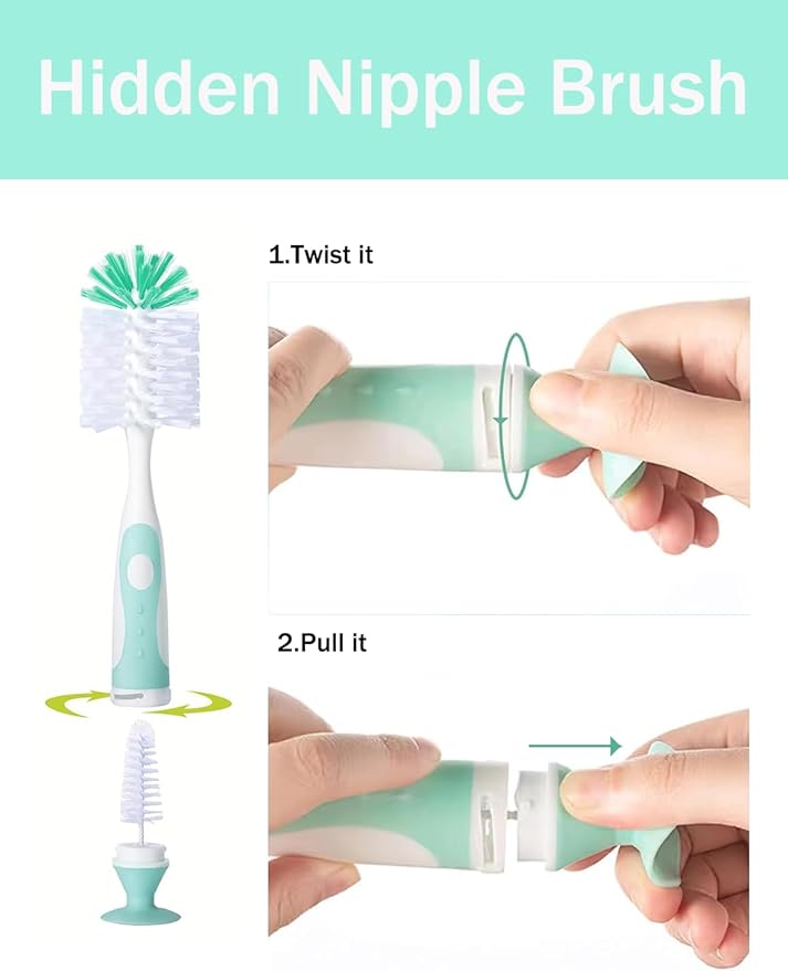 Baby Bottle Brush Set 4 in 1, Baby Bottle Cleaner, with 1P Nylon Bottle Brush, 1P Bottle Cap Brushes, 2P Straw Brushes, Bottle Brush with Nipple Cleaner and Suction Cup, BPA-Free(Green)