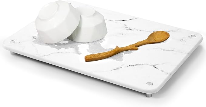 Stone Drying Mat for Kitchen Counter with Non-Slip Stainless Steel Feet, Quick Drying Diatomaceous Dish Racks for Dishes, Bottles and more, 15.7"(L)×11.8"(W), Ivory Marble