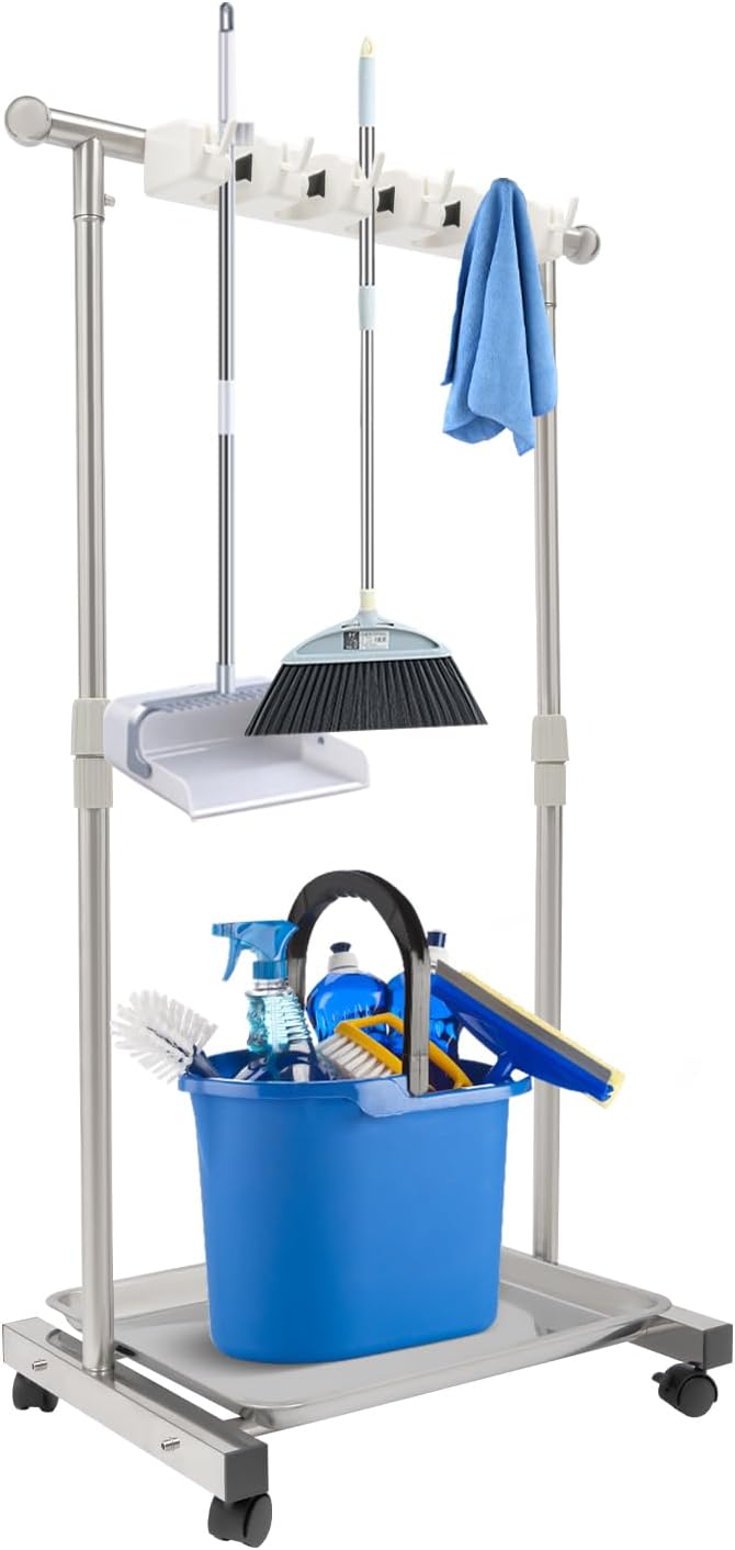 Wet Mops Rack Movable Broom Holder, Movable Closet Storage Cabinet Mop Rack with 5 Slots 6-Hook, Floor Standing Cleaning Tool Racks for Garden Garage Schools Hotels Hospitals Property Companies