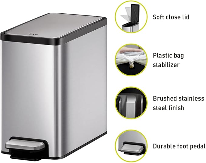 EKO 2 Pack Small Bathroom Trash Can with Lid Soft Close, Step Pedal, 6 Liter / 1.6 Gallon Stainless Steel Garbage Can with Removable Inner Bucket, Waste Basket for Bathroom, Bedroom