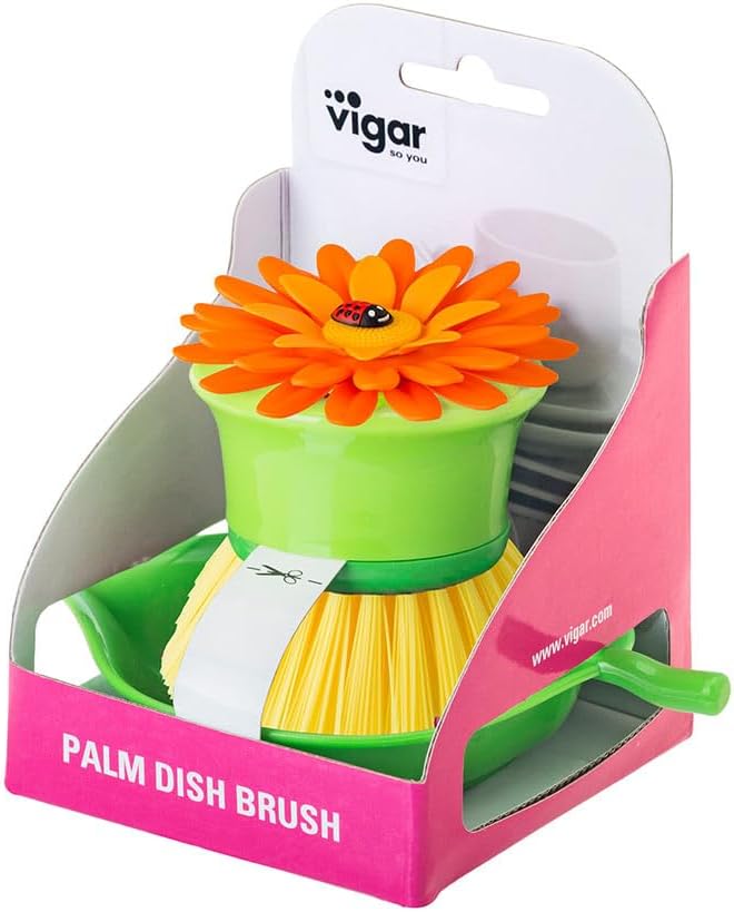 Vigar Flower Palm Dish Scrub Brush with Holder, Perfect Kitchen Brushes for Dishes, Sink Brush and Cleaning Brushes for Household Use, Orange, Green