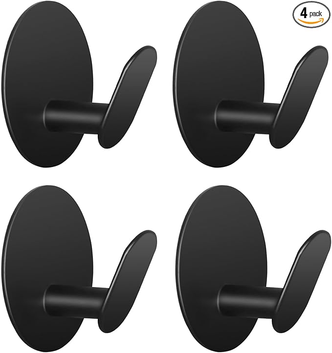 Adhesive Hooks for Bathrooms, 4 Piece Towel Hooks for Hanging Hat Robe Coat, Stick on Hooks for Kitchens, Strong Self-Adhesive No Damage Waterproof Stainless Steel Sticky Hook (Black)