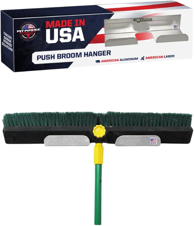Pit Posse 607 Push Broom Hanger Rack Holder Aluminum Trailer Organizer-Made in USA- Race Car Enclosed Cargo Shop Garage Accessory - (Silver)- Toy Hauler, 5th Wheel, Snowmobile