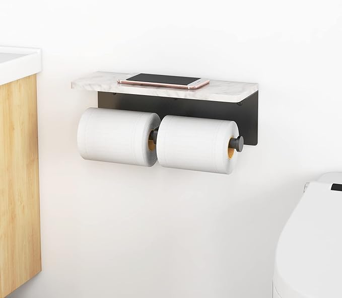 Toilet Paper Holder with Shelf, New Upgrade Double Toilet Paper Holder with Storage, Marble Roll Toilet Paper Wall Mount for Bathroom Washroom(Black)