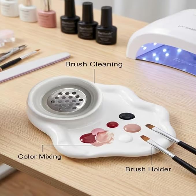 2-in-1 Ceramic Nail Art Brush Cleaner & Palette, Professional Manicure Brush Cleaning Cup with Removable Stainless Steel Filter & Mixing Palette for Gel Polish & Acrylic Painting