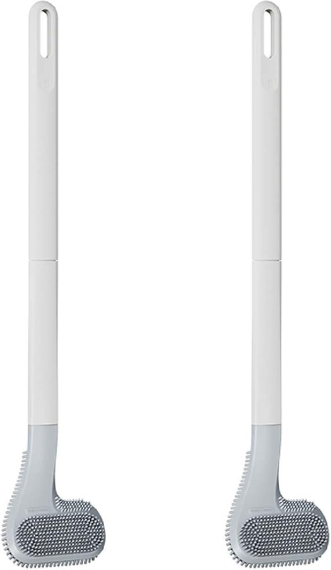 Toilet Brush, Long Handle Golf Toilet Brush with Holder 360° Deep Cleaning Flexible Silicone Toilet Cleaner Brush Wall Mounted for Bathroom (2Pcs White Brush)