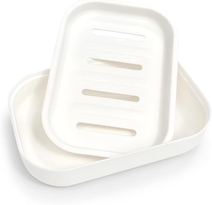 Double Layer Draining Soap Dish, Plastic Dishwashing Sponge Soap Holder for Kitchen, Bathroom, and Washstand (Milky White)