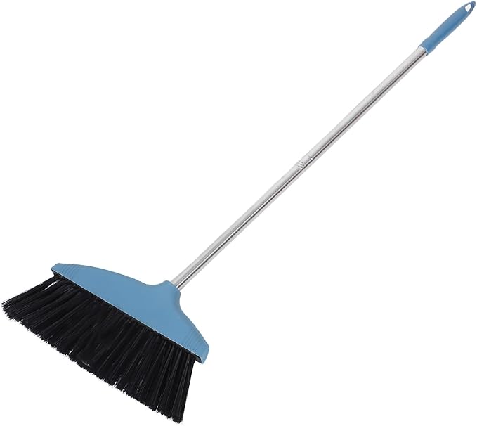 Soft Bristle Broom with Long Stainless Steel Handle, Indoor Outdoor Floor Sweeping Tool for Home Kitchen Office, Blue Non-Stick Hair Cleaning Household Sweeper