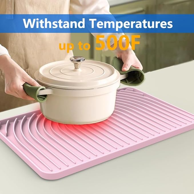 Dish Drying Matt for Kitchen Counter,10"14"18"20"Silicone Dry Rack Mat with Built in Drain, Kitchen Dry Mats for Dishes Drying Pad for Counter(18"×12"Pink)