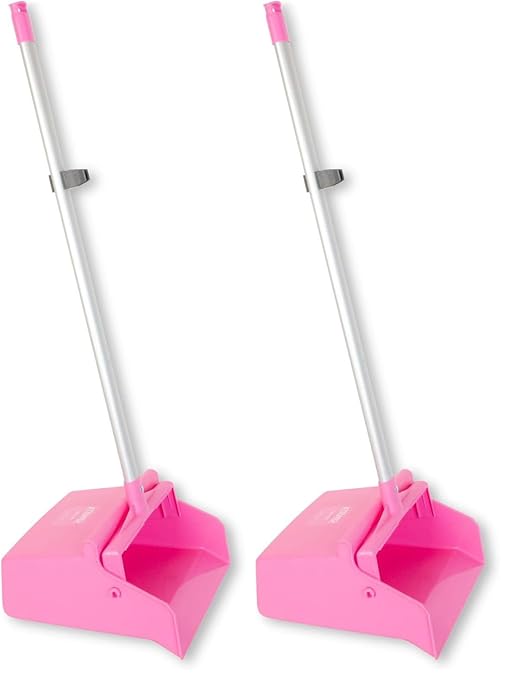 SPARTA Upright Dustpan with Aluminum Handle, Serrated Edge for Broom Combing, Secure Yoke Lock with Easy Storage Hanging Hole for Commercial Cleaning, Plastic, 30 Inches, Pink (Pack of 2)