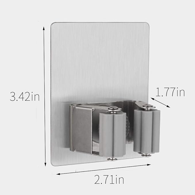 Stainless Steel Self Adhesive Broom Holder Wall Mount - Heavy Duty Mop and Broom Hooks Organizer, No Drill Magnetic Broom Hanger for Kitchen, Bathroom, Garage- Gray (4 Pack)