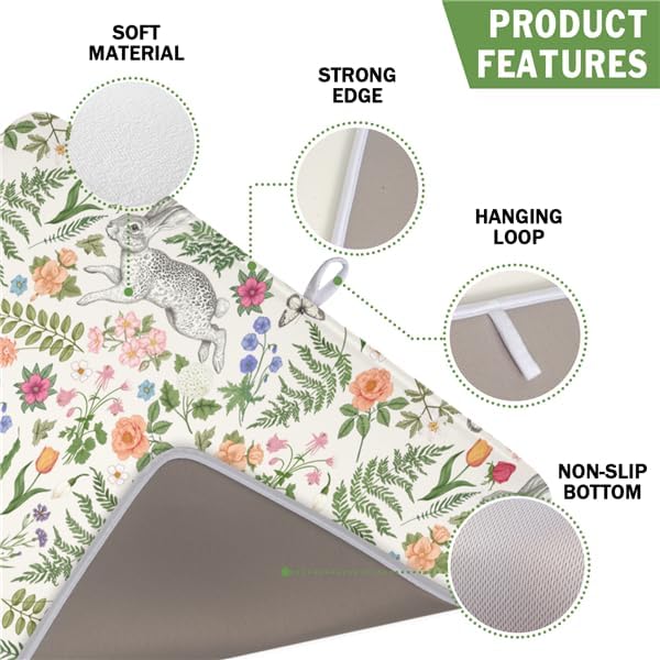 Easter Bunny Dish Drying Mat for Kitchen Counter,Colorful Flowers Sage Green Leaves Vintage Botanical Plants Drying Mat 16 x 18 Inch with Absorbent Reversible Microfiber Drying Pad for Coffee Bar