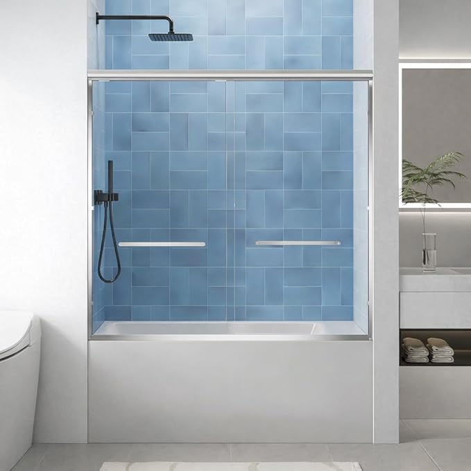 56-60" W x 57" H Semi-Frameless Bathtub Sliding Doors, 1/4"(6mm) Tempered Glass Double Sliding Shower Door for Bath Tub with Explosion-Proof Film and Easy to Clean, Chrome