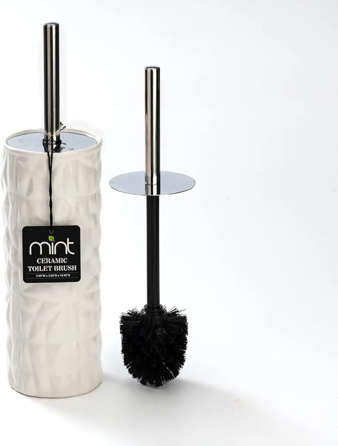 J&V TEXTILES Ceramic Toilet Brush, Toilet Bowl Brush with Extra Long Handle Durable Bristles Toilet Scrubber and Covered Holder for Toilet Brush Set for Bathroom Cleaning (Chrome/White)