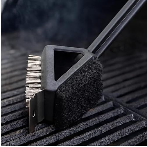 3-in-1 Grill Brush with Scraper, Wire Bristles & Scouring Pad – 18” BBQ Cleaner Tool with Long Handle – Heavy-Duty Grill Cleaning Brush for Barbecue, Gas & Charcoal Grills